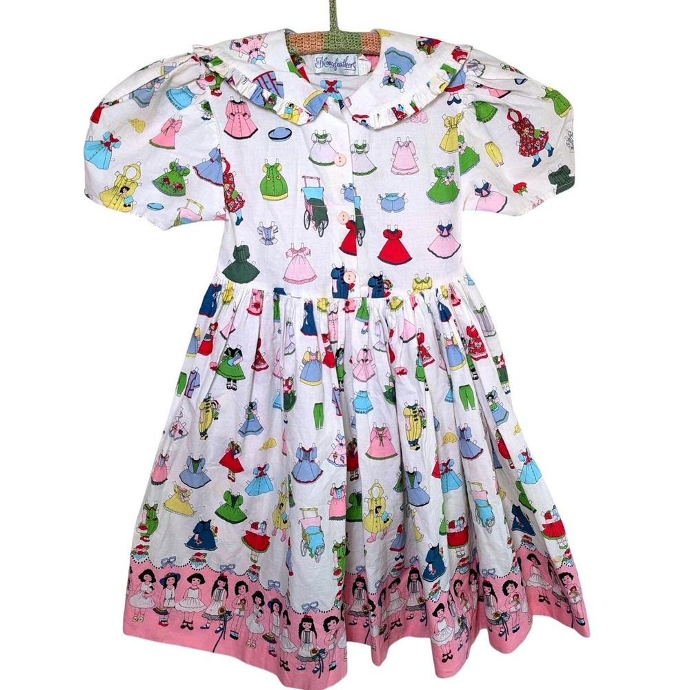 Vintage Mousefeathers Paper Doll Print Dress Kids Size 6 Ruffle Collar Pink